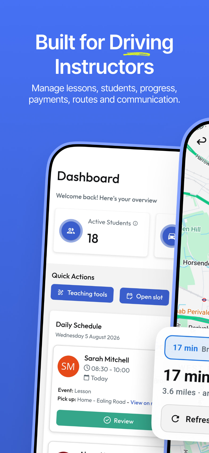 Driving Edge instructor dashboard showing active students, quick actions and the daily lesson schedule
